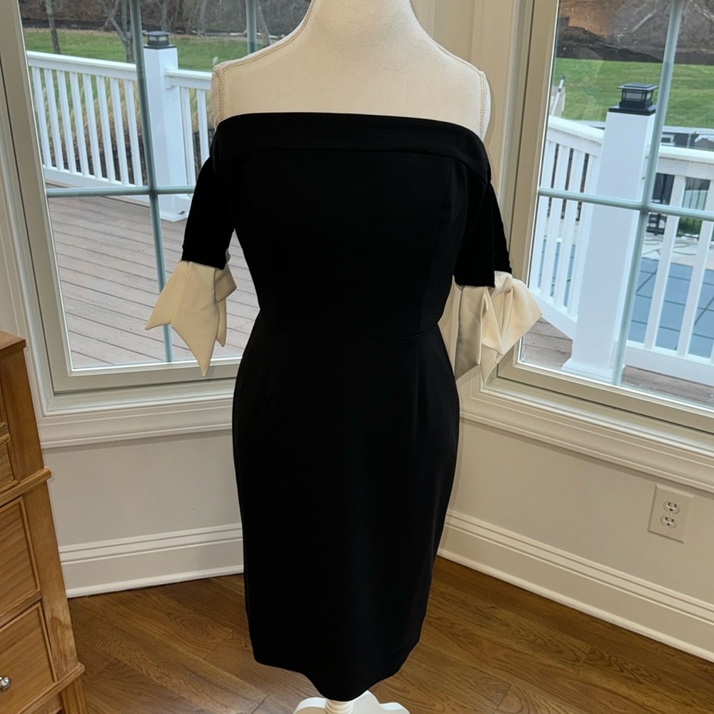 Boston Proper Strapless cocktail dress with cream sleeve bows